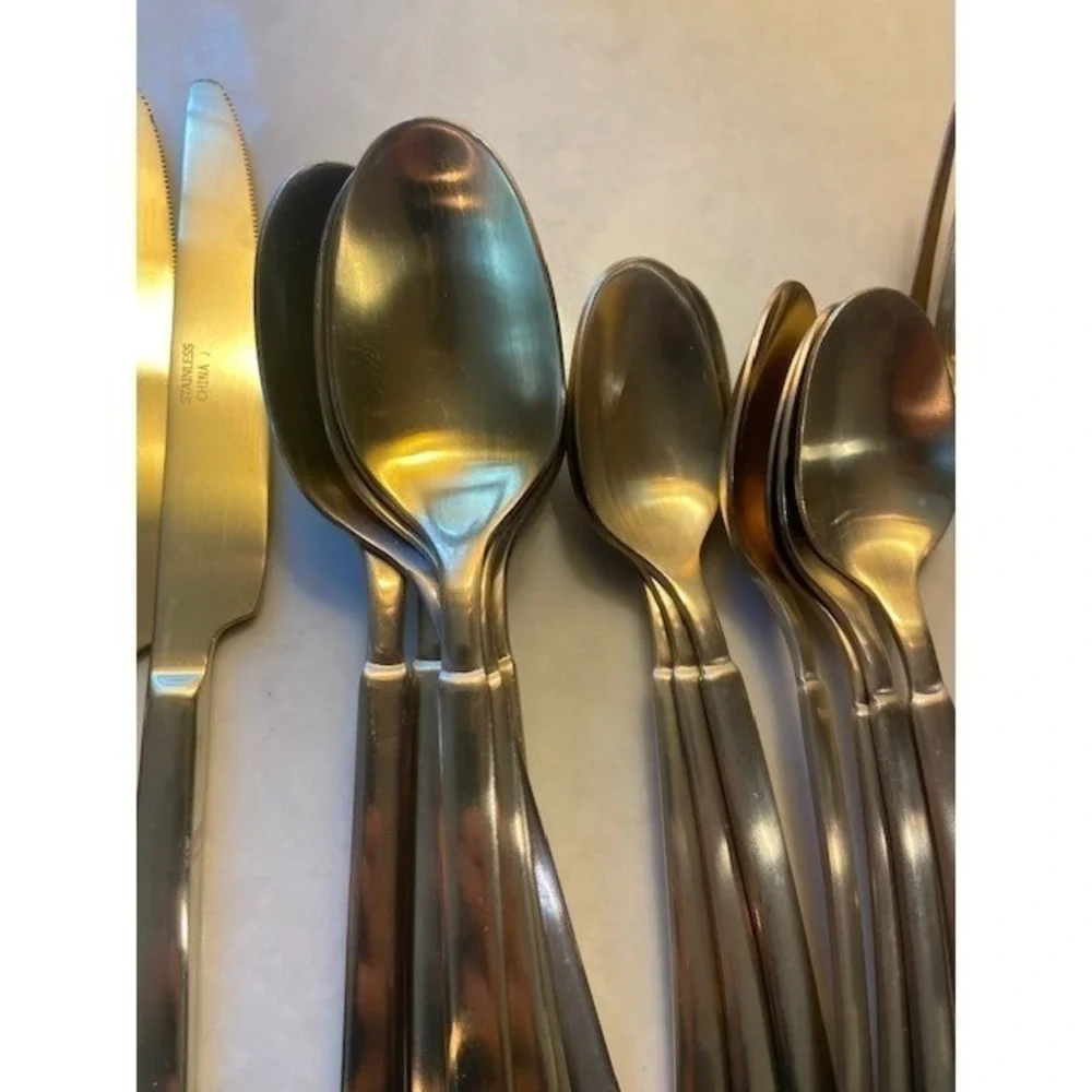 Gold Stainless Steel Flatware Set 39 Piece Modern Square Handle Satin Finish